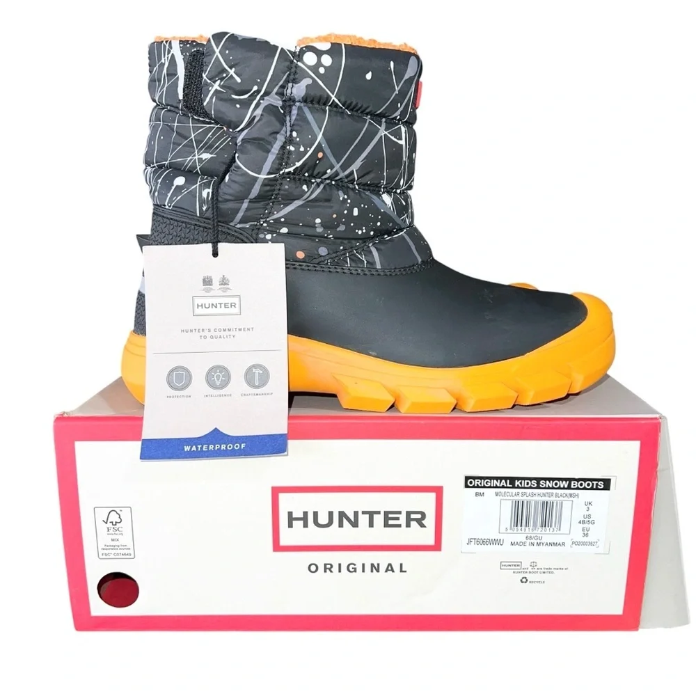 Hunter Boots Boys Size 4 Black Orange Gray Winter Molecular Insulated Waterproof